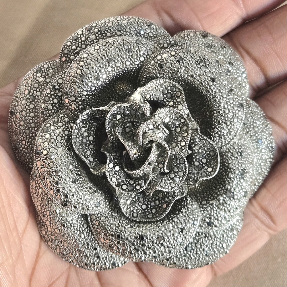 Large Vintage Marcasite Silver Floral Brooch